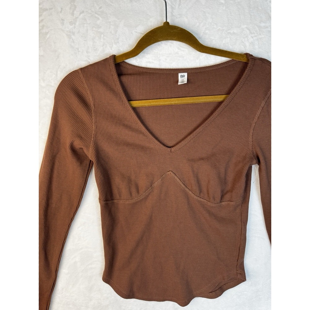 BP Women Brown Rib Knit Crop Top Corset V Neck Long Sleeve XS